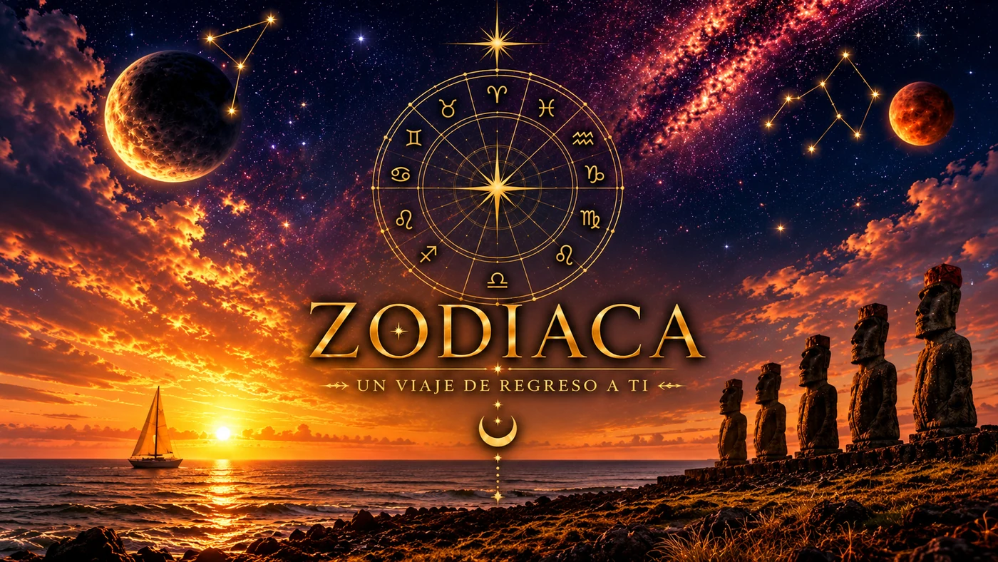 Portada de ZODIACA: Un viaje de regreso a ti, con la rueda zodiacal y los moáis de Rapa Nui al atardecer